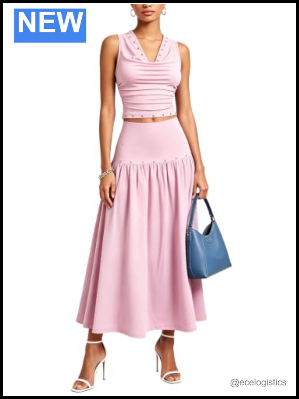 Women's 2 Piece Outfit Cowl Neck Ruched Crop Top Flowy Maxi Skirt Set